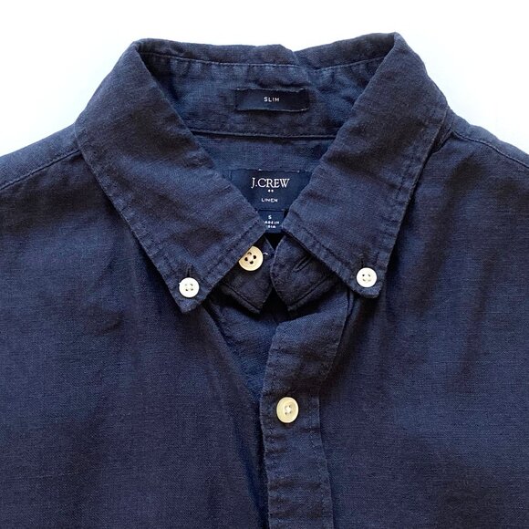 J.Crew Mens Slim Fit 100% Linen Camp Shirt SIze S Navy Short Sleeve Button-Down - Picture 4 of 10